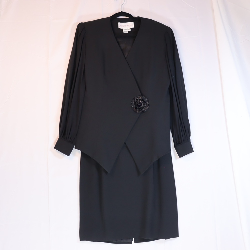 Richard Warren Skirt Suit Womens 14 Black Asymmetric Jacket Silk Sleeves Beaded